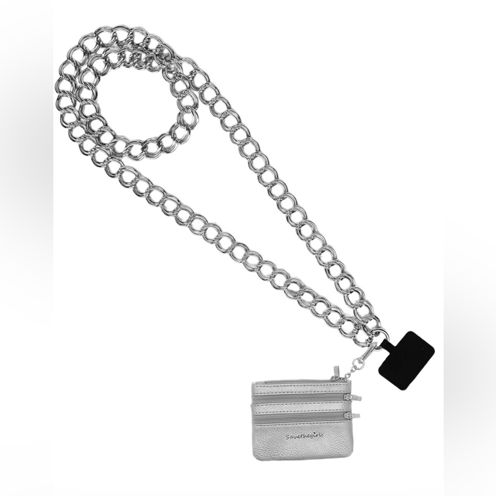 NEW Save The Girls - Clip & Go Silver Double Link Chain Phone Holder w/Pouch